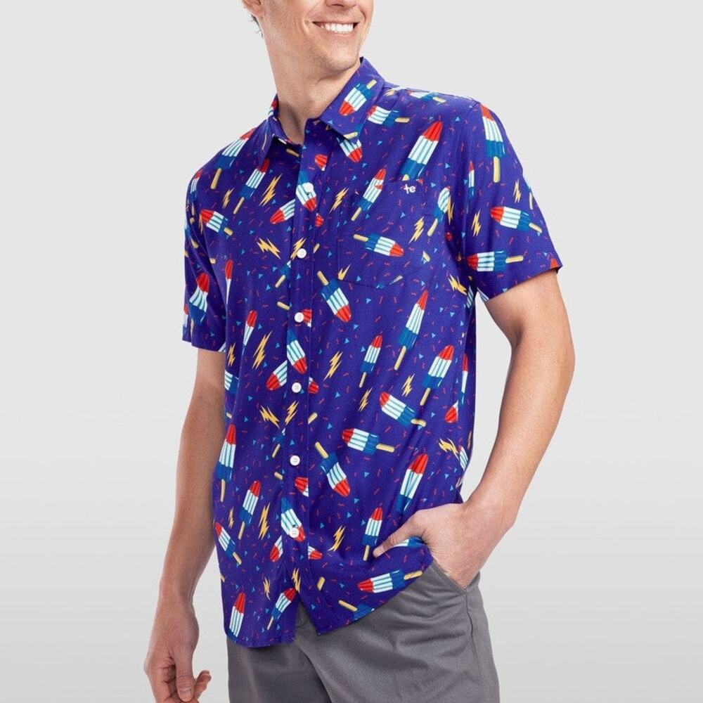 Tipsy Elves Popsicle Novelty Button Down Shirt Blue Grand Finale Mens Medium